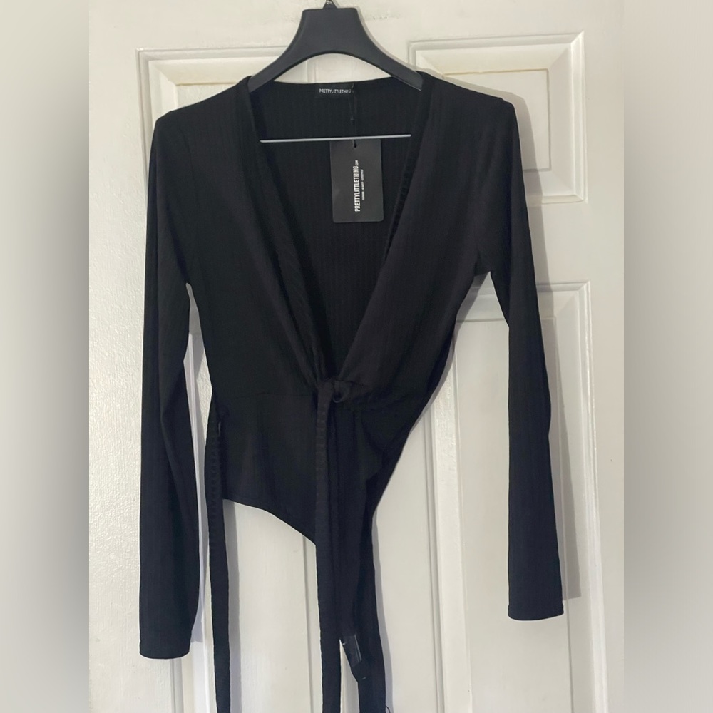 Black Tie Front Long Sleeve Crop Top New !